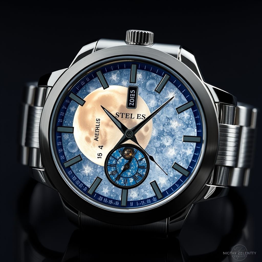 Create a male watch Dial: Lunar Dust mixed into transparent resin creating a subtle glow akin to the moon's surface. Case: Crafted from Platinum, offering a rich, cool tone that enhances the luxurious feel of the watch. Crystal: Blue Sapphire Crystal – known for its superior durability, adding both elegance and functionality. Movement: Automatic movement, featuring a precision-engineered rotor, with visible components on the back for added depth. Strap: Platinum Link Strap, meticulously crafted to match the case, with a slightly brushed finish for a modern, sophisticated look.
Design an exquisite luxury watch for men, featuring a dial of Lunar Dust infused in luminous transparent resin, capturing the ethereal glow of the moon. Encased in opulent Platinum, complemented by a durable Blue Sapphire Crystal, this automatic movement watch showcases precision with visible engineering. Complete the look with a meticulously crafted Platinum Link Strap, elegantly brushed for modern sophistication, radiating unparalleled craftsmanship and style.