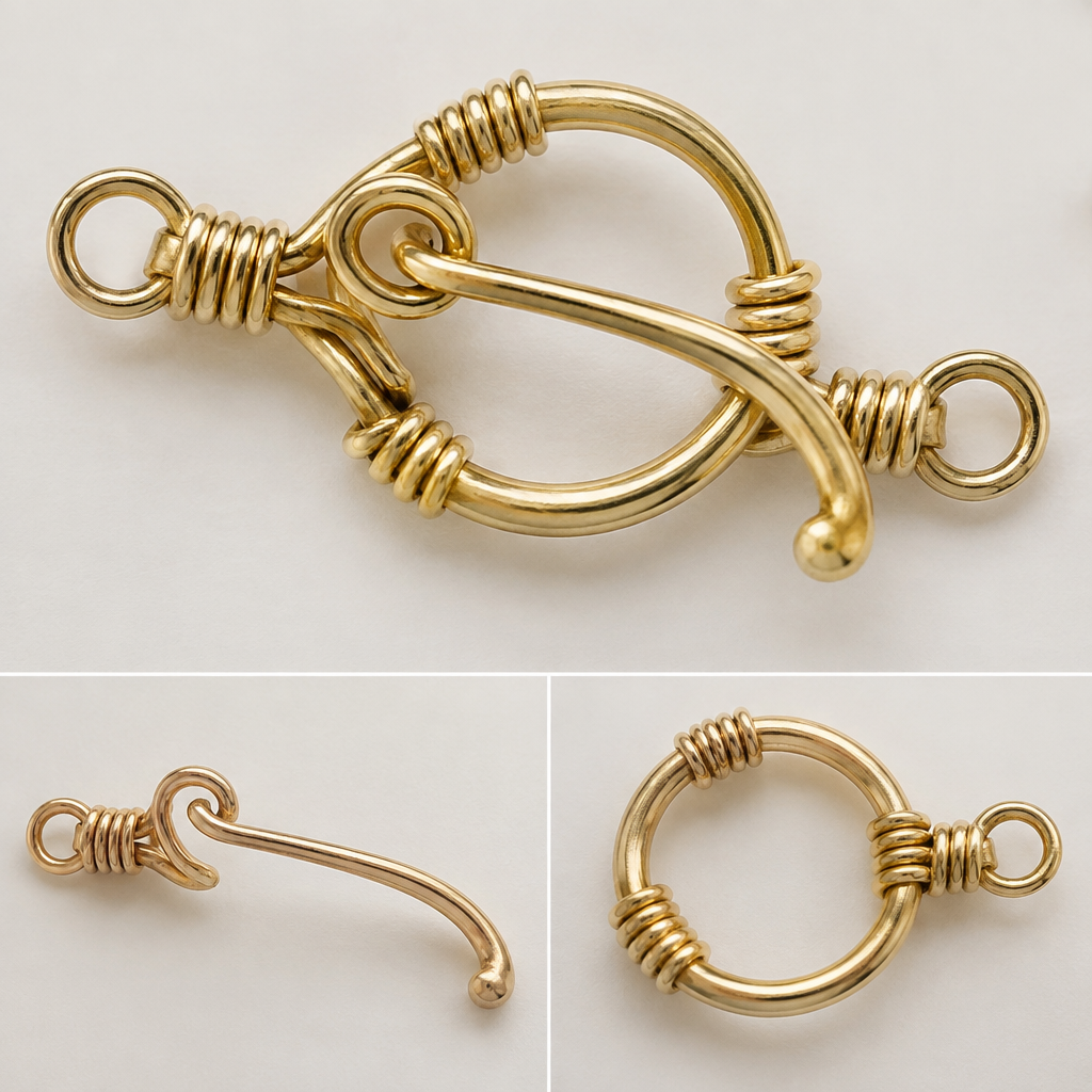 Design me a clasp made out of 18 gage gold wire
photorealistic jewelry design, Design me a clasp made out of 18 gage gold wire, wire_wrapped style, just the design no text