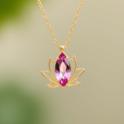A everyday wear small gold necklace with a pink color gemstone in a marquise cut. All the details are delicate and they rappresent the petals of the flower lotus.