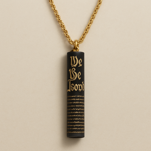 A necklace on a 24” staggered chain with a vertical pendant straw (cylinder) 4 inches long that looks like a rolled up version of the United States constitution “We The People” can be read and is indented as well as the rolled up paper lines. It is black with gold writing. 