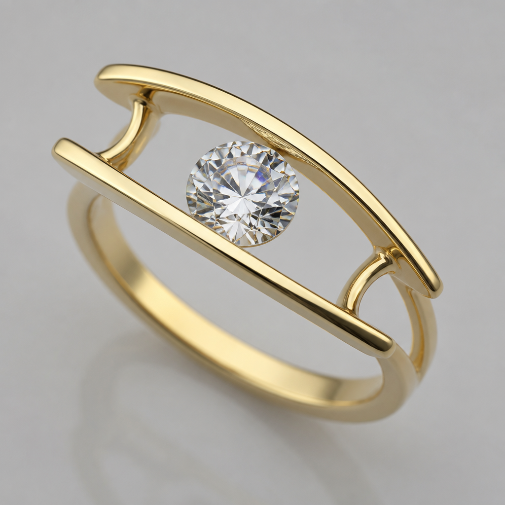 A women's ring made of gold with diamond stones. ARC + NEGATIVE SPACE + FLOATING GEM
Core construction:
Two parallel, slender sculptural arcs
A controlled and distinctive curvature
Intentional negative space between the arcs
A central gemstone that appears to float within the open space
The gemstone secured by extremely discreet sculptural arms
The metal must never overpower the gemstone
Maximum gemstone exposure
Maximum light return
The design must be instantly recognizable from its silhouette, even without a logo.
photorealistic jewelry design, A women's ring made of gold with diamond stones. ARC + NEGATIVE SPACE + FLOATING GEM
Core construction:
Two parallel, slender sculptural arcs
A controlled and distinctive curvature
Intentional negative space between the arcs
A central gemstone that appears to float within the open space
The gemstone secured by extremely discreet sculptural arms
The metal must never overpower the gemstone
Maximum gemstone exposure
Maximum light return
The design must be instantly recognizable from its silhouette, even without a logo., modern style, just the design no text