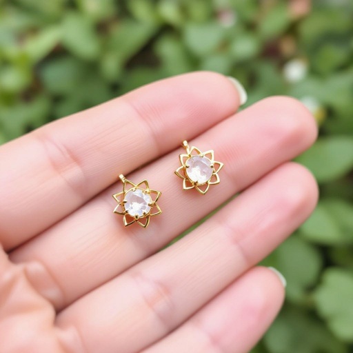 Серьги золото изящный маленький плоский лотос с необработанным маленьким хрусталем в центре