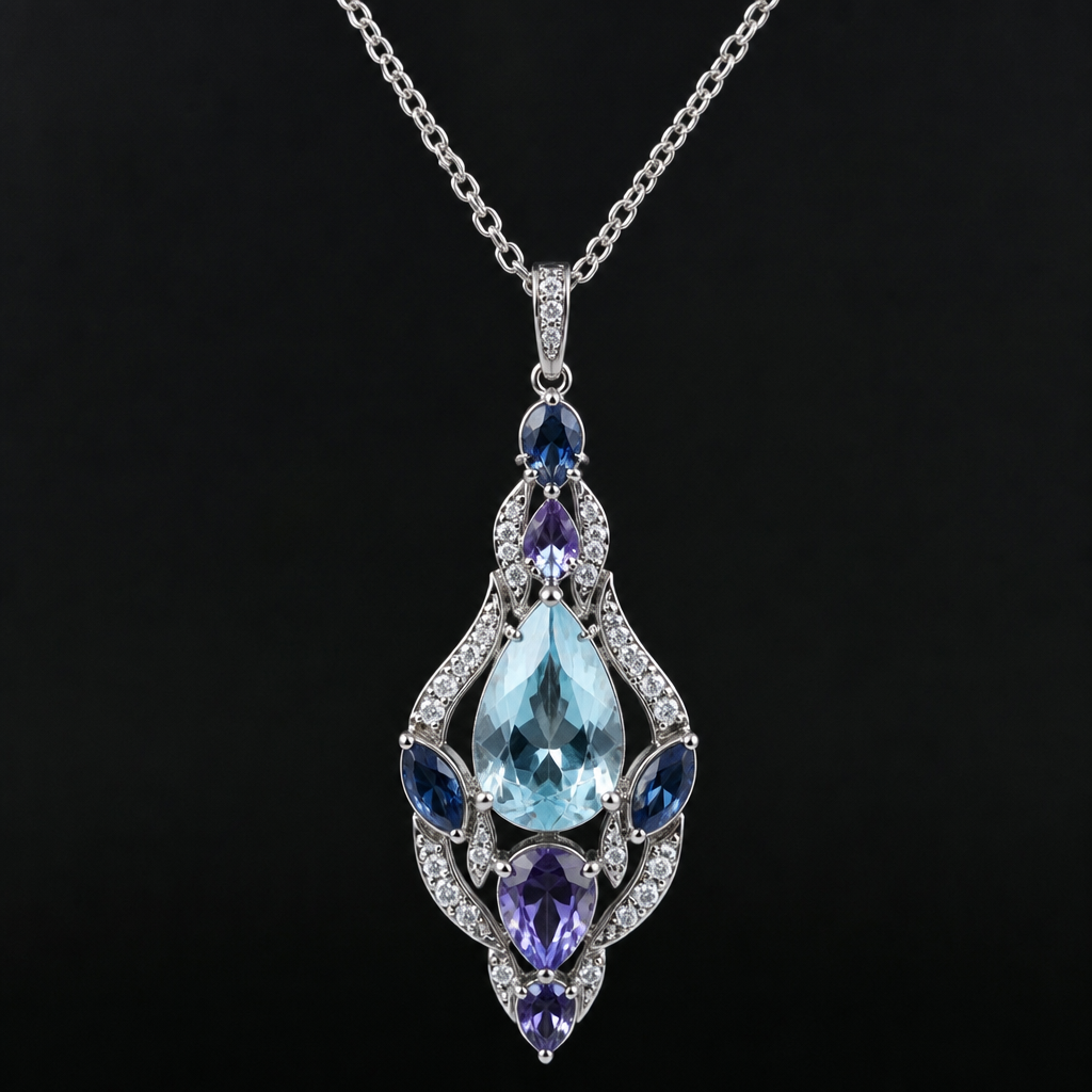 A pendant women's necklace with aquamarine and sapphire and amethyst stones suitable for formal
photorealistic jewelry design, A pendant women's necklace with aquamarine and sapphire and amethyst stones suitable for formal, pendant style, just the design no text