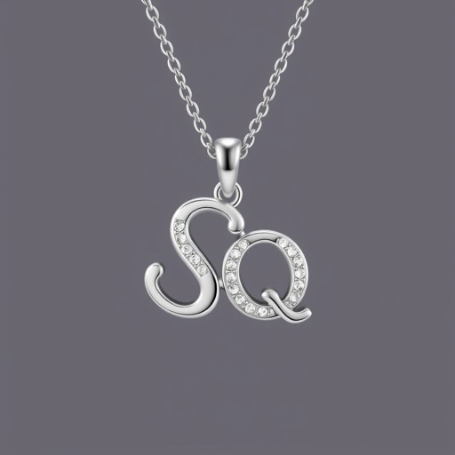 silver necklace with the pendant in letter letters SQ with white  stones. Make it cute and simple 