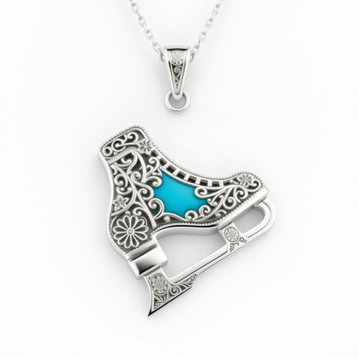 Silver Pendant shape one ice skate with turquoise stripe inside the low thin part blade