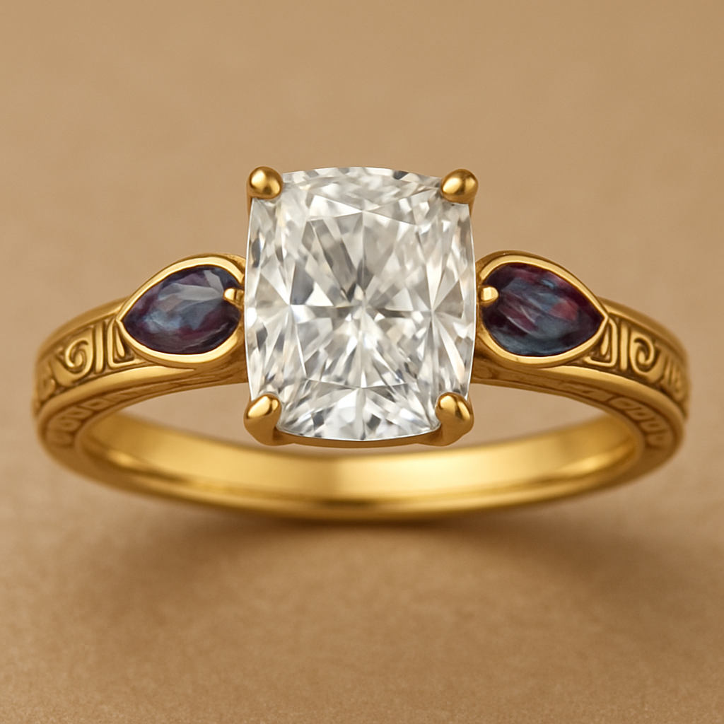 2 carat elongated cushion cut diamond engagement ring with double claw prongs in yellow gold ring with marquise shaped alexandrite side stones