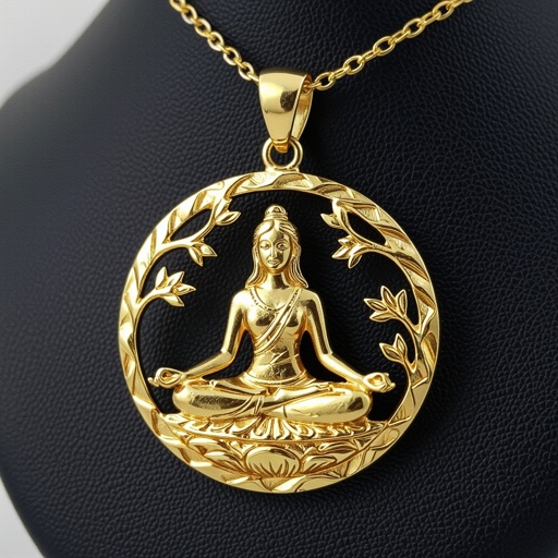 Золотой кулон в виде неровного круга в круге выгравирована женщина с длинными волосами в позе лотоса