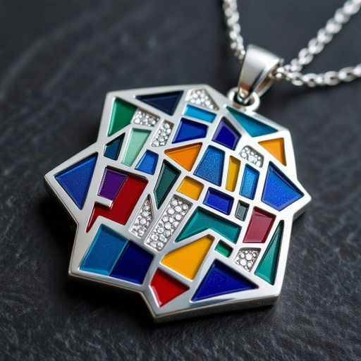 Geomatric pendant of set with different enamell color of geomatric and architectural shapes and volume edge style