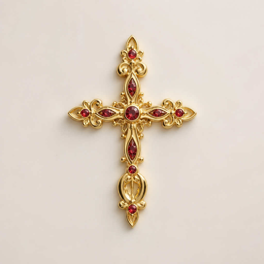 Dainty and feminine Gold cross with rubies, majority gold . Hidden bail
photorealistic jewelry design, Dainty and feminine Gold cross with rubies, majority gold . Hidden bail, romantic style, just the design no text