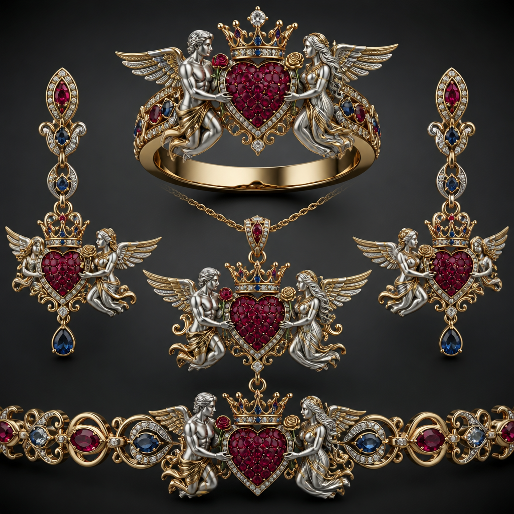 A royal women's ring made of mixed metal with diamond and ruby and sapphire stones suitable for wedding. An extraordinary excellent beautiful delicate and elegant set of jewelry with one ring, two ear rings, one pendant and one bracelet, with a heart in the middle which will be full of rubies, an extraordinary beautiful delicate and elegant female Angel with long hair at the right side of the heart and an extraordinary fit beautiful delicate and elegant male Angel at the left side of the heart, both Angels are to hold a heart with their right hand and a rose with their left hand, over the central heart is to be placed a beautiful, delicate elegant and extraordinary excellent crown with a diamond at the middle of the crown and around the crown to be placed rubies and sapphires the crown to be placed on the heart.