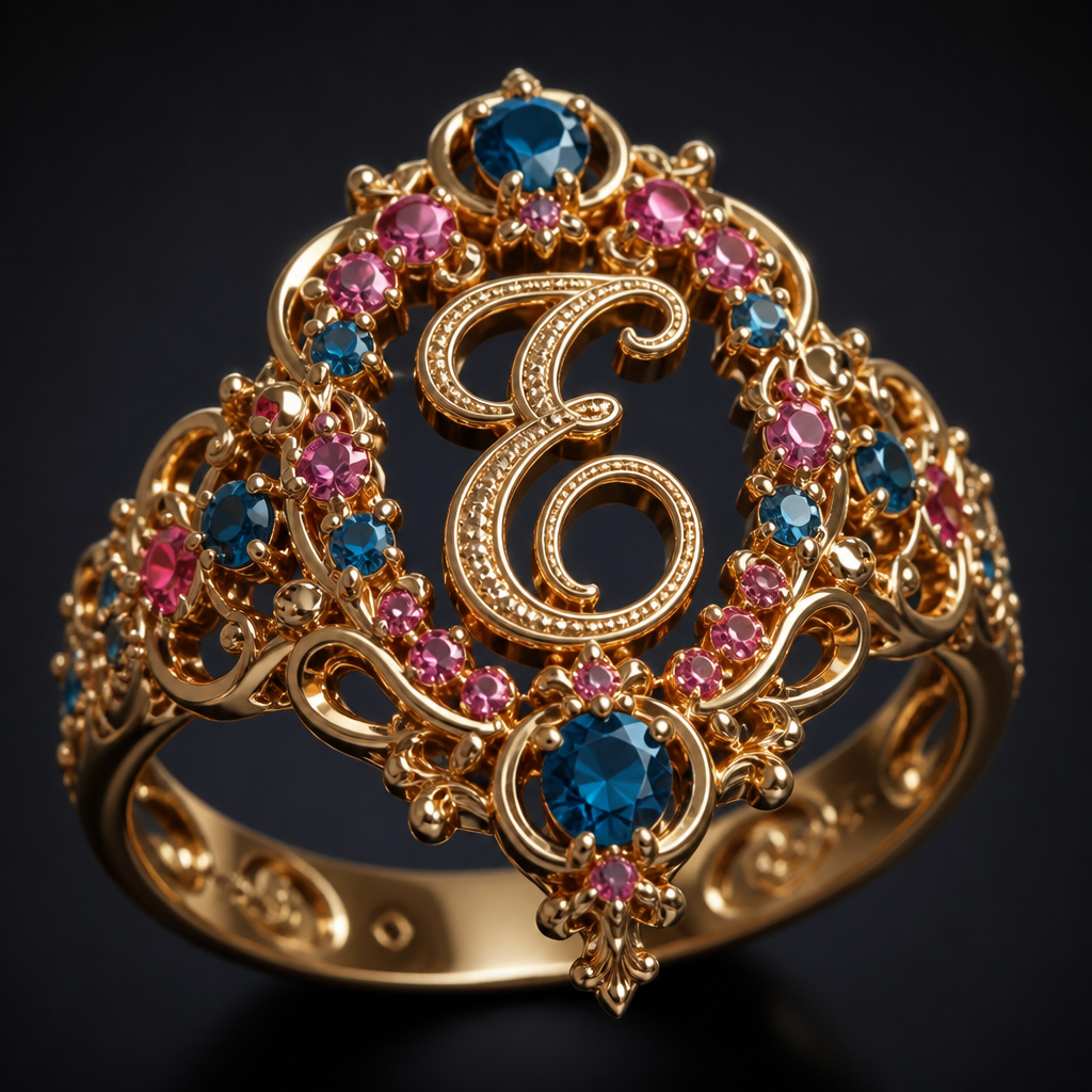 A baroque women's ring made of gold, highly ornate, intricate and elaborate, richly detailed. um anel de 15 anos com inicial E com pedrinhas azul e pedrinhas rosa em volta
photorealistic jewelry design, A baroque women's ring made of gold, highly ornate, intricate and elaborate, richly detailed. um anel de 15 anos com inicial E com pedrinhas azul e pedrinhas rosa em volta, baroque style, just the design no text