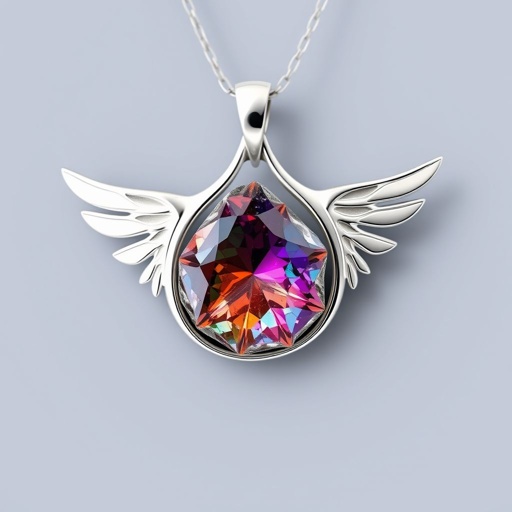 Create a pendant, use silver minimal, use raw gem stone and at top side of gem at the back there shall be one wing showing right hand side of the stone and one left hand side. Wings shall be with minimul silver used.