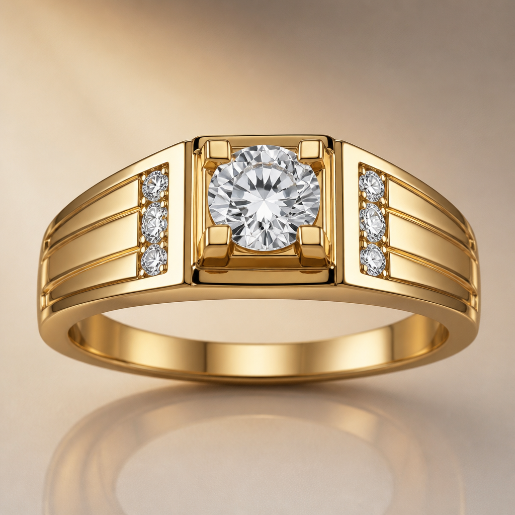 A classic men's ring made of gold with diamond stones suitable for engagement
photorealistic jewelry design, A classic men's ring made of gold with diamond stones suitable for engagement, classic style, just the design no text