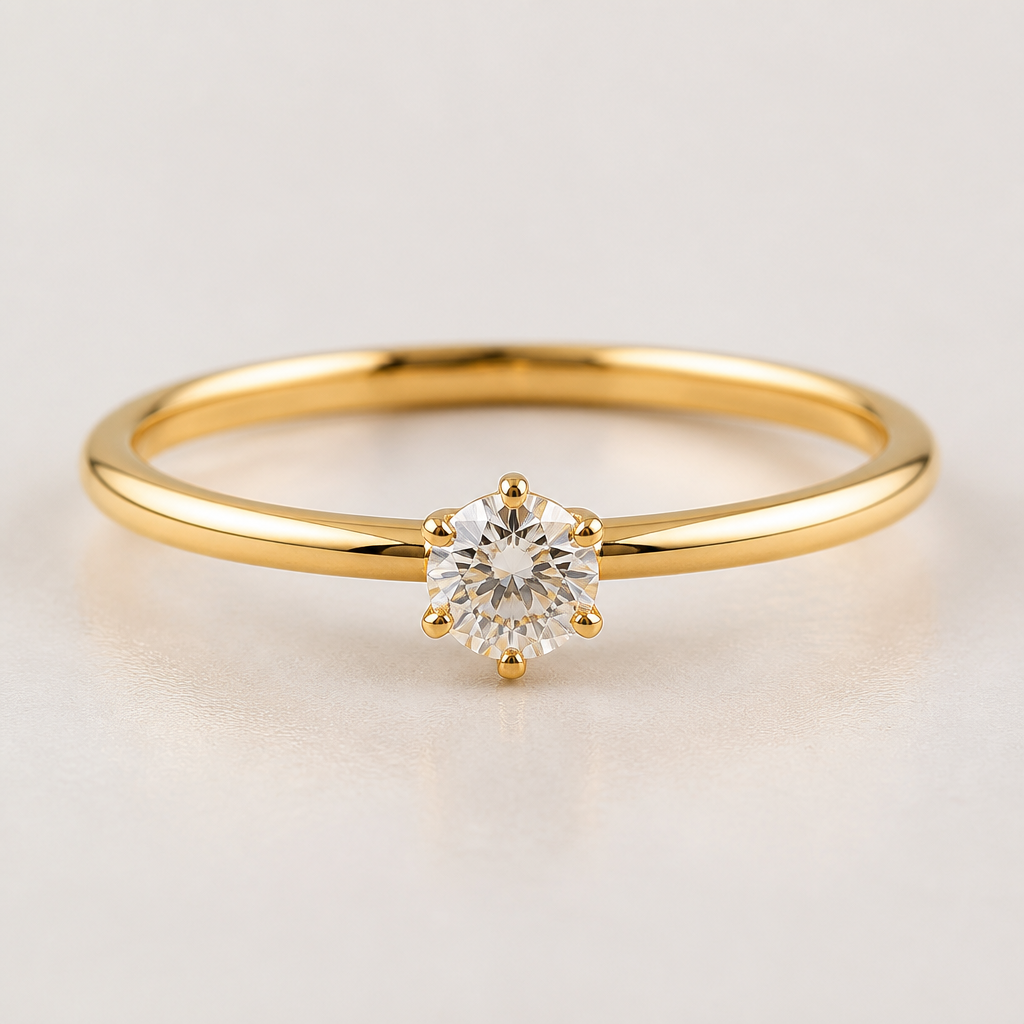 A minimalist women's ring made of gold, highly ornate, intricate and elaborate, richly detailed. A delicate, minimalist ring featuring a small round brilliant-cut diamond or clear gemstone as the centerpiece. The stone appears to be approximately 0.3-0.5 carats, set in a classic four or six-prong setting that elevates the gem slightly above the band. The band itself is thin and refined, appearing to be made of yellow gold or rose gold with a polished, lustrous finish. The overall design is elegant and understated, with a traditional solitaire style that emphasizes the sparkle of the center stone. The ring has a timeless, feminine aesthetic with clean lines and a simple silhouette that sits close to the finger.
Key characteristics:
Solitaire style with single center stone
Small round brilliant-cut diamond/gemstone
Thin, delicate band (approximately 1.5-2mm width)
Warm-toned metal (yellow or rose gold)
Classic prong setting
Minimalist and elegant design
High polish finish
photorealistic jewelry design, A minimalist women's ring made of gold, highly ornate, intricate and elaborate, richly detailed. A delicate, minimalist ring featuring a small round brilliant-cut diamond or clear gemstone as the centerpiece. The stone appears to be approximately 0.3-0.5 carats, set in a classic four or six-prong setting that elevates the gem slightly above the band. The band itself is thin and refined, appearing to be made of yellow gold or rose gold with a polished, lustrous finish. The overall design is elegant and understated, with a traditional solitaire style that emphasizes the sparkle of the center stone. The ring has a timeless, feminine aesthetic with clean lines and a simple silhouette that sits close to the finger.
Key characteristics:
Solitaire style with single center stone
Small round brilliant-cut diamond/gemstone
Thin, delicate band (approximately 1.5-2mm width)
Warm-toned metal (yellow or rose gold)
Classic prong setting
Minimalist and elegant design
High polish finish, minimalist style, just the design no text