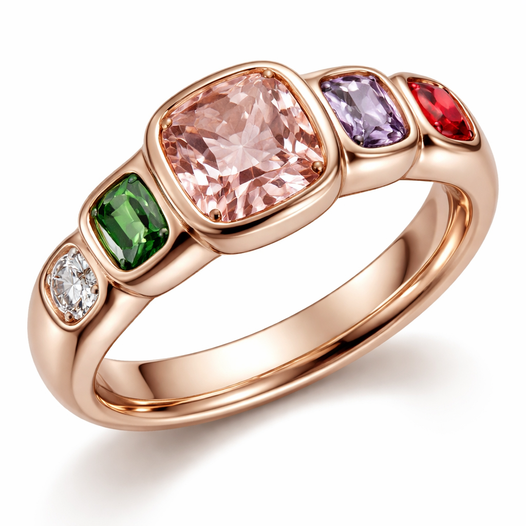 Crée moi une bague avec une morganite coussin une tsavorite taille émeraude un diamant rond un Spinel Lila taille émeraude et un Spinel rouge coussin les pierre font moins d’un demi carat sauf la morganite les pierres sont intégrés dans le corp de bague en sertie masse