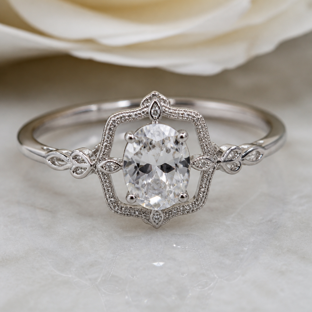 A women's ring made of silver with diamond stones. bague sertie d'un diamant oval, à l'intérieur du carré feminin travaillé et delicat, minimaliste metal tres fin, style vintage royauté
photorealistic jewelry design, A women's ring made of silver with diamond stones. bague sertie d'un diamant oval, à l'intérieur du carré feminin travaillé et delicat, minimaliste metal tres fin, style vintage royauté, modern style, just the design no text
