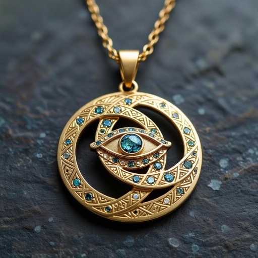 Подвеска из матового золота с узорами и мелкими необработанными матовыми камнями в форме двух пересекающихся окружностей и глаза между ними