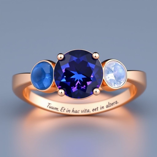 A simple rose gold engagement ring set with a circular alexandrite. Also set with a small half moon blue chalcedony on one side right next to it, and a small half moon moonstone set on the other side right next to it. On the inside of the band, it has an inscription reading, “Tuum. Et in hac vita et in altera.”