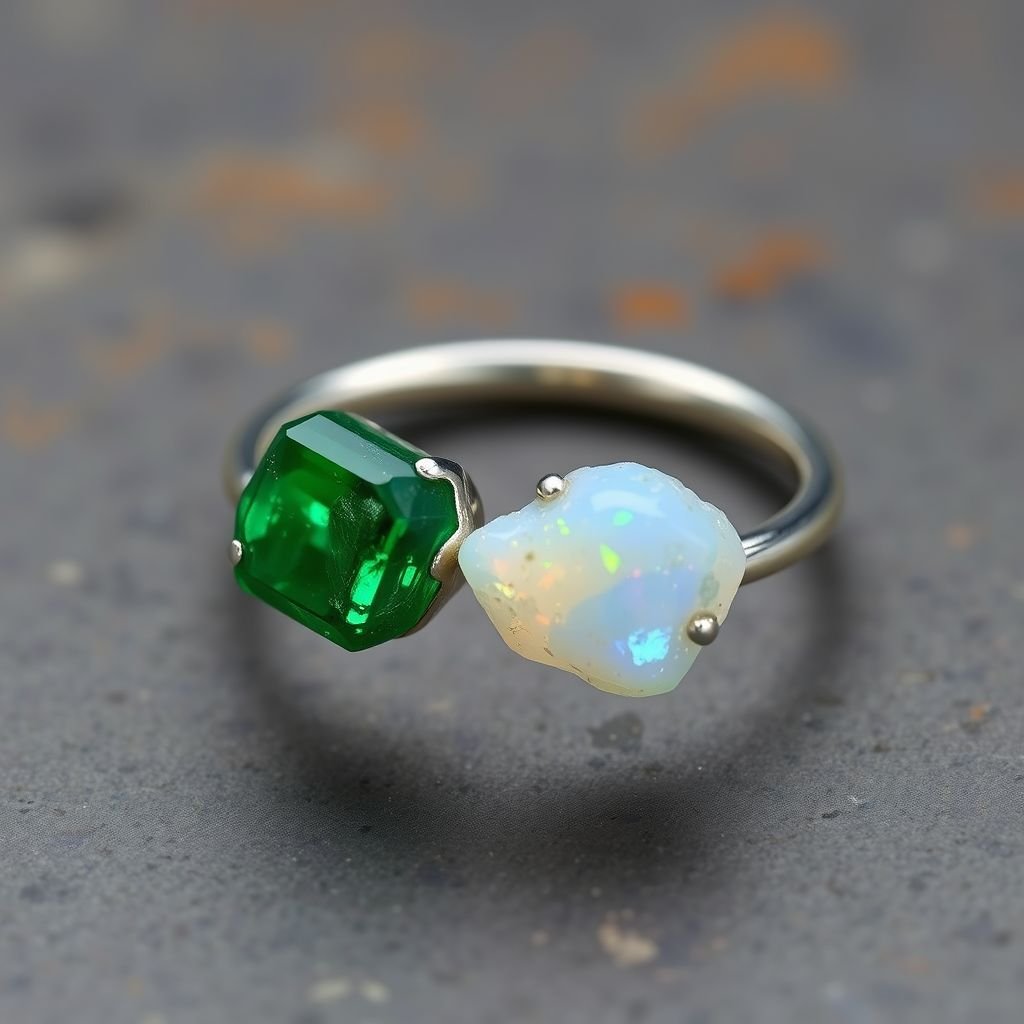 Craft a minimalist silver adjustable ring that delicately embraces the finger. Feature two striking raw natural gemstones—allowing their organic textures and colors to stand out. The design exudes earthy elegance, merging modern style with raw, untamed nature.