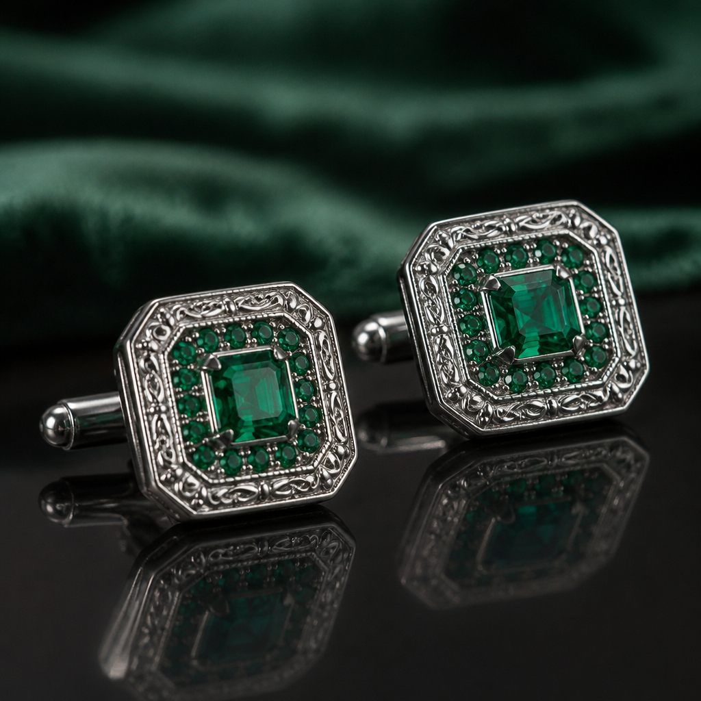 A royal men's cufflinks made of silver with emerald stones
photorealistic jewelry design, A royal men's cufflinks made of silver with emerald stones, royal style, just the design no text