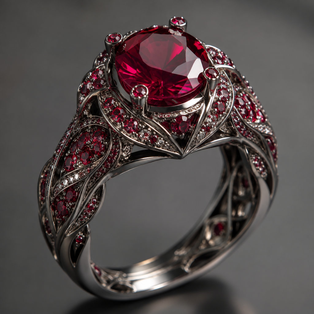 A women's ring made of titanium with ruby stones suitable for engagement, highly ornate, intricate and elaborate, richly detailed
photorealistic jewelry design, A women's ring made of titanium with ruby stones suitable for engagement, highly ornate, intricate and elaborate, richly detailed, modern style, just the design no text