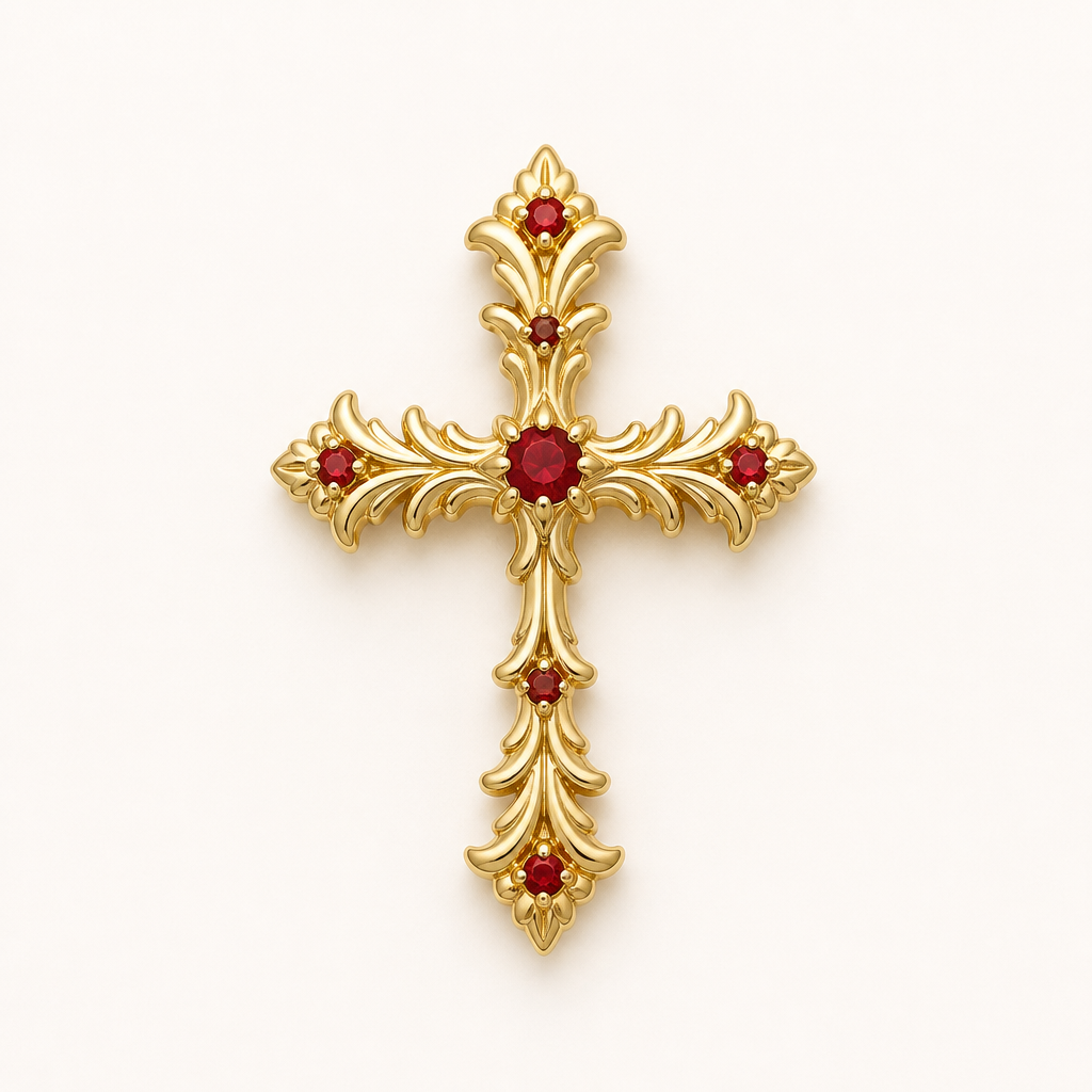 Dainty and feminine Gold cross with rubies, majority gold . Hidden bail
photorealistic jewelry design, Dainty and feminine Gold cross with rubies, majority gold . Hidden bail, romantic style, just the design no text