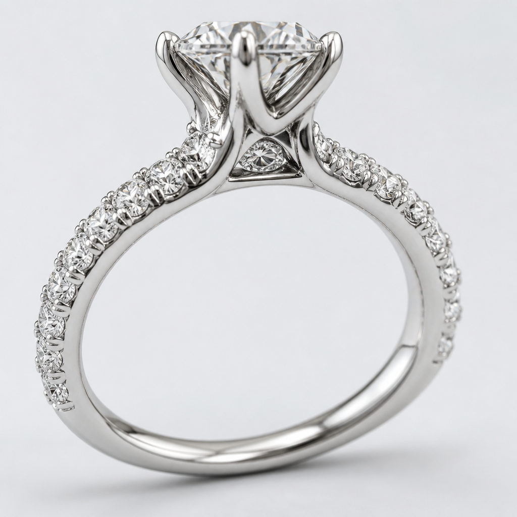 A women's ring made of platinum with diamond stones suitable for wedding. wedding band that is 1 piece, goes on both sides of the engagement ring, and curves out roundly to not obstruct the peekaboo gem. with gemstones on top going halfway down the ring.
photorealistic jewelry design, A women's ring made of platinum with diamond stones suitable for wedding. wedding band that is 1 piece, goes on both sides of the engagement ring, and curves out roundly to not obstruct the peekaboo gem. with gemstones on top going halfway down the ring., modern style, just the design no text