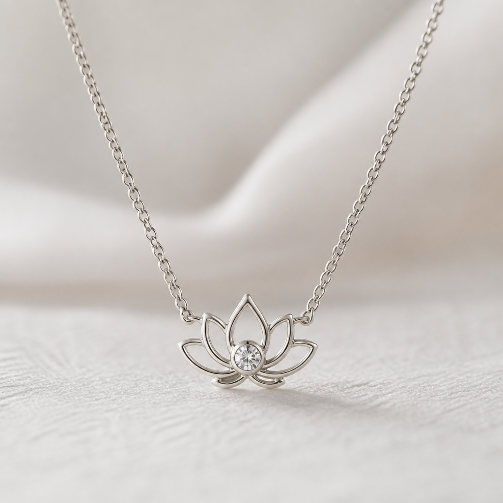 A minimalist women's necklace made of silver with diamond stones. collier minimaliste avec un lotus simple avec 1 diamnd dans le milieu super féminin
photorealistic jewelry design, A minimalist women's necklace made of silver with diamond stones. collier minimaliste avec un lotus simple avec 1 diamnd dans le milieu super féminin, minimalist style, just the design no text