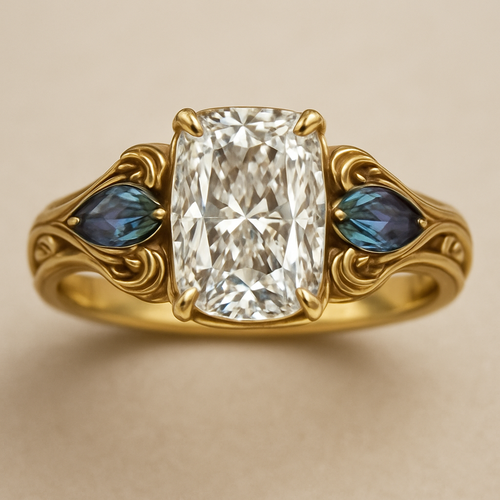 2 carat elongated cushion cut diamond engagement ring with double claw prongs in yellow gold ring with marquise shaped alexandrite side stones 