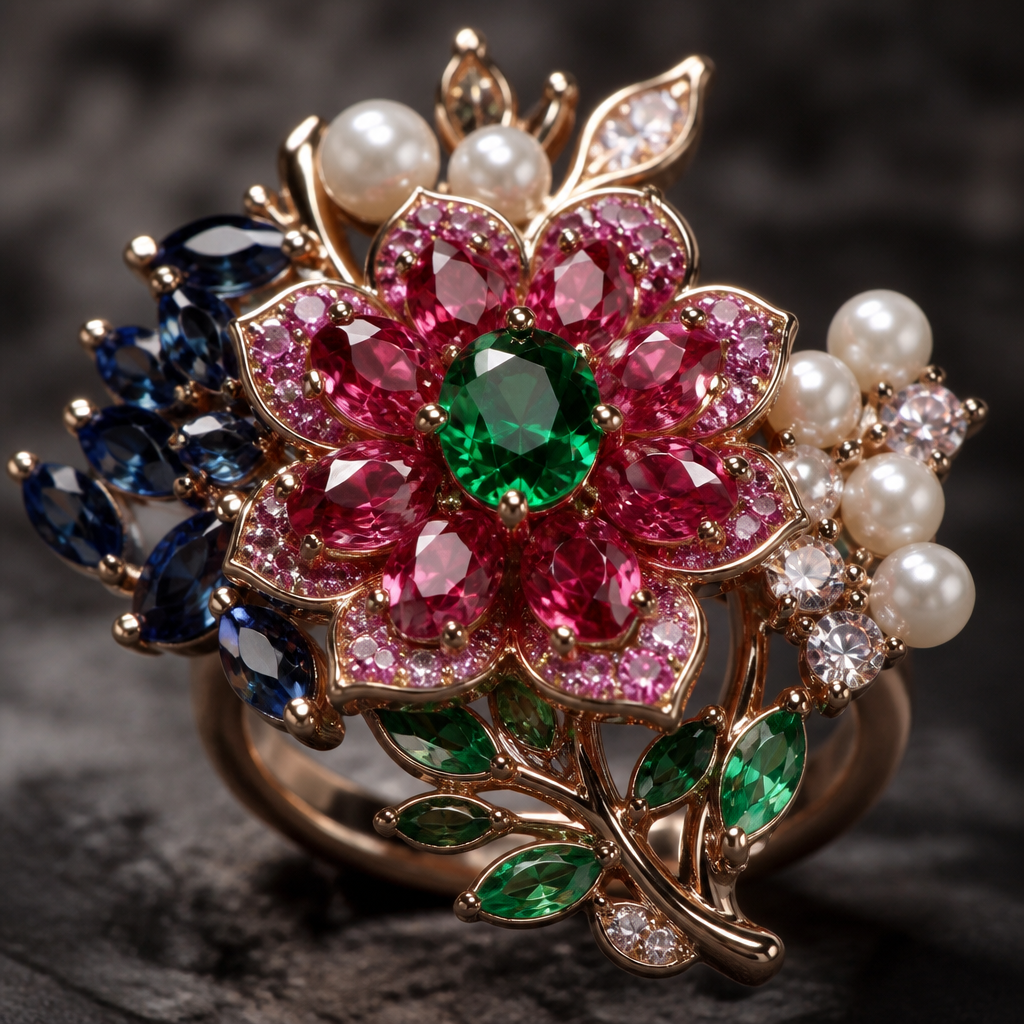 Emerald green ruby red ruby sapphire pink diamond pearl and make it a flower ring
photorealistic jewelry design, Emerald green ruby red ruby sapphire pink diamond pearl and make it a flower ring , nature_inspired style, just the design no text