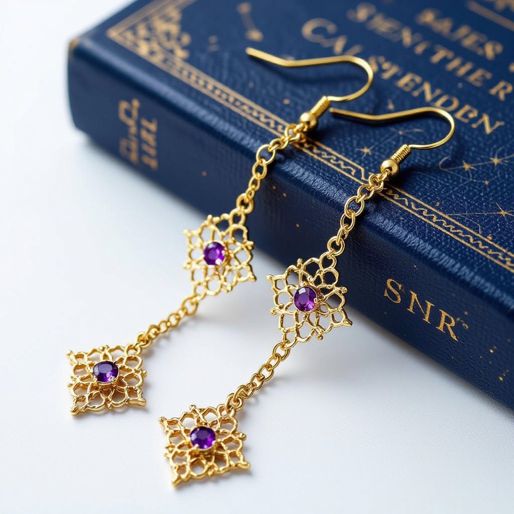 Серьги длинные на цепочках матовое золото мятое. Символ схематично созвездие. Маленькие фиолетовые камушки