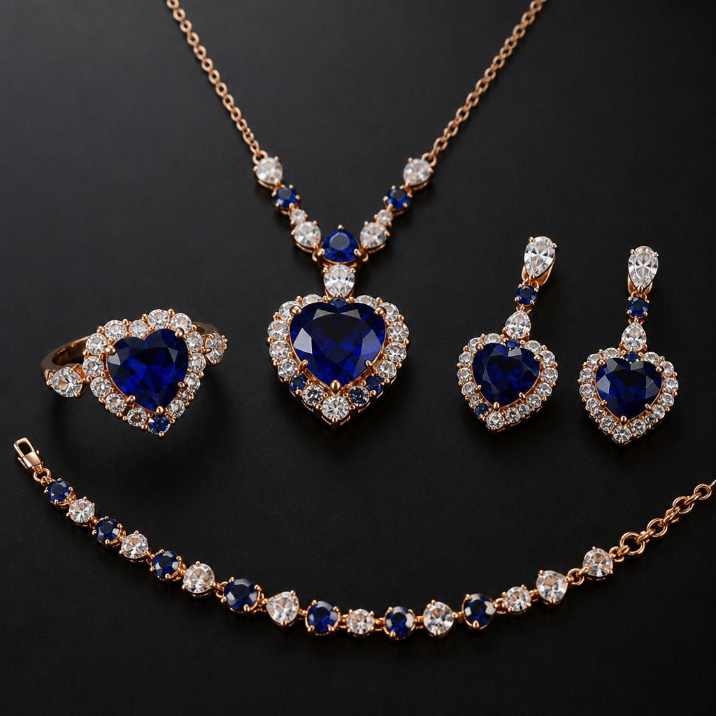 10ct blue heart sapphire with other stones necklace and ring, 3ct heart sapphire with other stones earrings, and bracelet in rose gold setting
photorealistic jewelry design, 10ct blue heart sapphire with other stones necklace and ring, 3ct heart sapphire with other stones earrings, and bracelet in rose gold setting, just the design no text