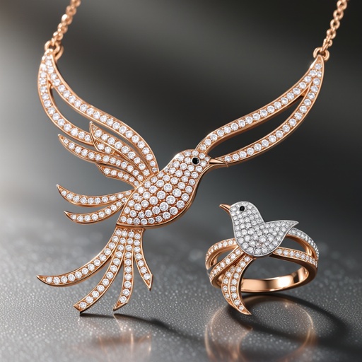 Geomatric set of necklace and ring rose gold and white gold with white diamonds of bird shape and style