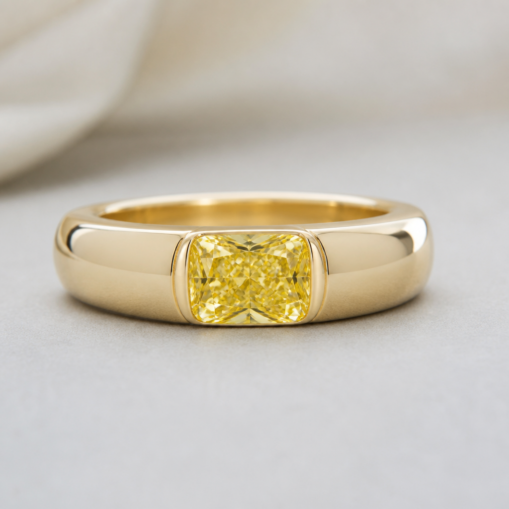 1.5 Ct Fancy Vivid Yellow cushion square
Lab Grown Diamond Engagement Ring, East West Half Bezel Wedding Ring, 14K Solid Gold Thick Cigar Band
photorealistic jewelry design, 1.5 Ct Fancy Vivid Yellow cushion square
Lab Grown Diamond Engagement Ring, East West Half Bezel Wedding Ring, 14K Solid Gold Thick Cigar Band, minimalist style, just the design no text