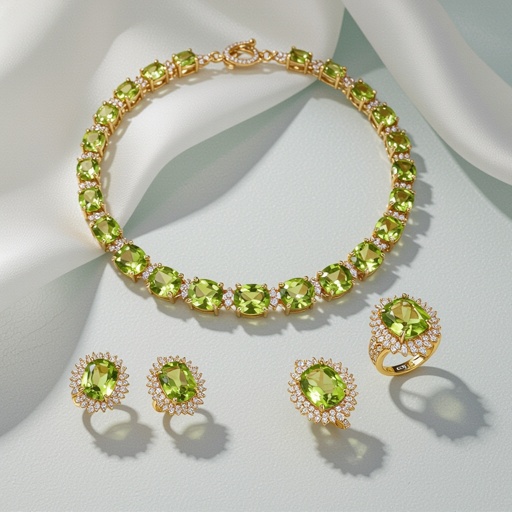 Necklace and earring and rings within peridot and diamond with gold