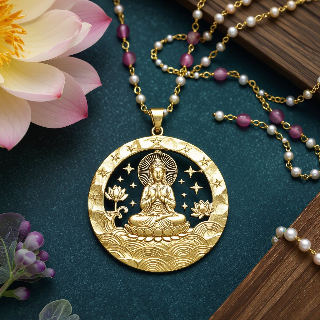 Кулон на длинной цепочке. Матовое светлое золото. В цепочке небольшие золотые шарики и розовые камушки и жемчуга. Кулон в форме неровного мятого круга. На круге изображена девушка с длинными волосами лица не видно в молитве и позе лотоса нечетко. Круг украшен лотосами звездами волнами узорами