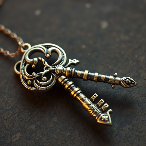 Old skeleton key shape gold and silver tones with olive branch turning on leg and keffieh print on the tip