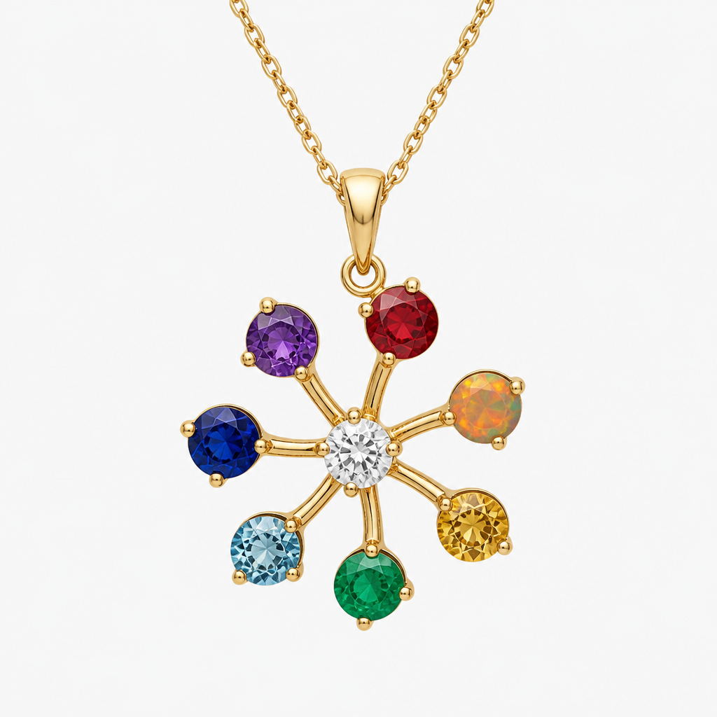 A pendant women's necklace made of gold with ruby and opal and topaz and emerald and aquamarine and sapphire and amethyst and diamond stones suitable for gift, minimalist, simple and delicate, clean lines. Pendentif en or en forme de soleil avec sept branches, (dans le sens des aiguilles d'une montre) première branche un rubis, deuxième branche une opale orange, troisième branche une topaze jaune, quatrième branche une émeraude, cinquième branche une aigue marine, sixième branche un saphir, septième branche une améthyste et au milieu du pendentif un diamant (toutes les pierres font 5mm de diamètre)
photorealistic jewelry design, A pendant women's necklace made of gold with ruby and opal and topaz and emerald and aquamarine and sapphire and amethyst and diamond stones suitable for gift, minimalist, simple and delicate, clean lines. Pendentif en or en forme de soleil avec sept branches, (dans le sens des aiguilles d'une montre) première branche un rubis, deuxième branche une opale orange, troisième branche une topaze jaune, quatrième branche une émeraude, cinquième branche une aigue marine, sixième branche un saphir, septième branche une améthyste et au milieu du pendentif un diamant (toutes les pierres font 5mm de diamètre), pendant style, just the design no text