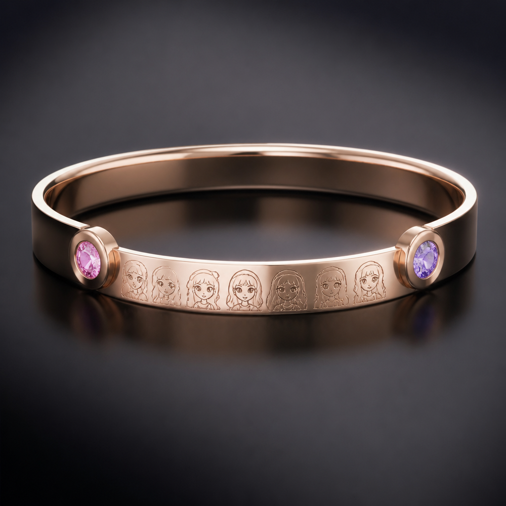 A women's bracelet. con un equestria girls grabado por fuera con un diamante en cada punta de la esclava rosado por un lado y morado por el otro y por dentro que salga escrito JESTABLOC#13
photorealistic jewelry design, A women's bracelet. con un equestria girls grabado por fuera con un diamante en cada punta de la esclava rosado por un lado y morado por el otro y por dentro que salga escrito JESTABLOC#13, modern style, just the design no text