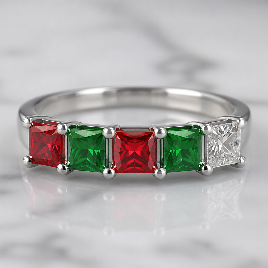 A women's ring. I want it red green red green red diamond and is a princess cut
photorealistic jewelry design, A women's ring. I want it red green red green red diamond and is a princess cut, modern style, just the design no text
