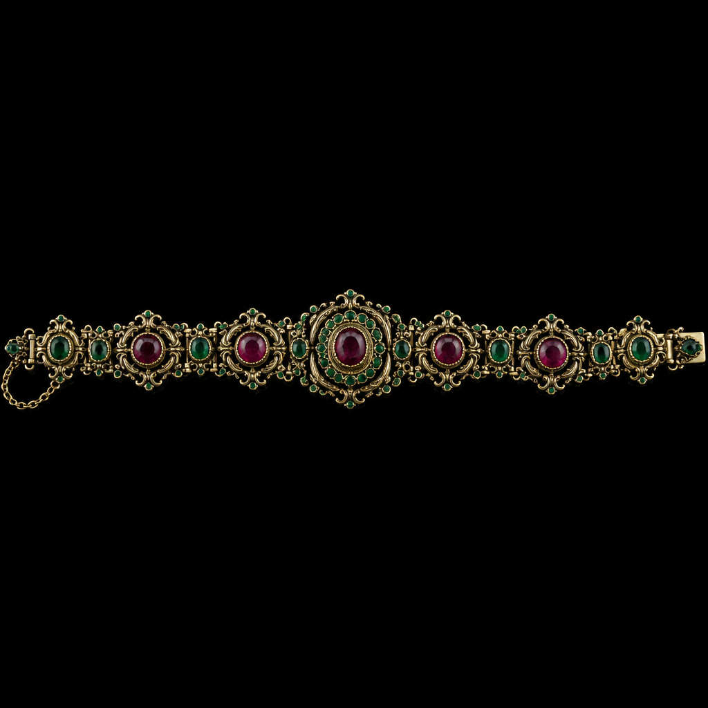 Bracelet with rubies and emeralds
photorealistic jewelry design, Bracelet with rubies and emeralds , victorian style, just the design no text