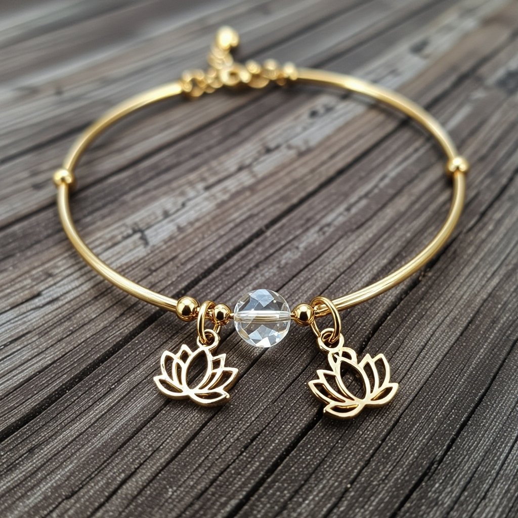 Чокер из натурального кварца с золотой маленькой подвеской в форме лотоса