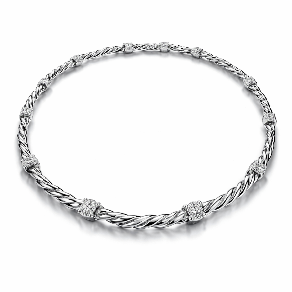 A flexible necklace which is not rigid and inspired by a twisted round wire and it has links that connected the small pieces with eachothe and it has diamondr