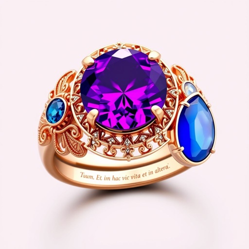 A simple, three stone 18 karat rose gold engagement ring set with a circular purple alexandrite. Also set with a small half moon cut blue chalcedony on one side right next to it, and a small half moon cut moonstone set on the other side right next to it. On the inside of the band, it has an inscription reading, “Tuum. Et in hac vita et in altera.”