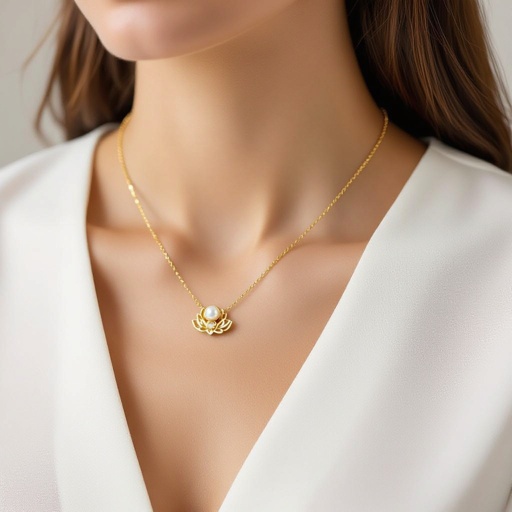 Украшение на шею золотая цепочка с подвеской в виде цветка лотоса с жемчугом по центру