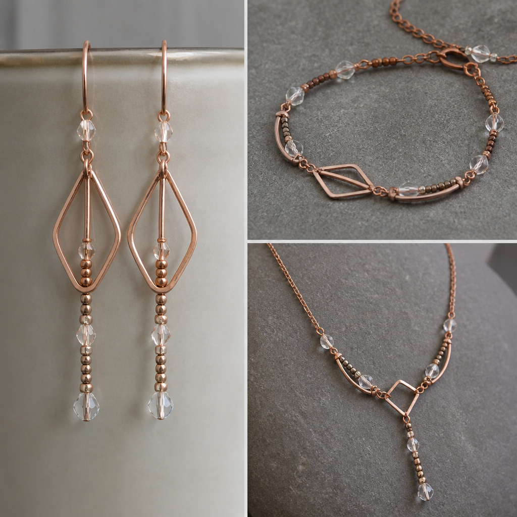 A art deco women's earrings made of copper suitable for daily wear, minimalist, simple and delicate, clean lines. made from wire, seed beads and crystal beads a set of earrings with matching bracelet and necklace
photorealistic jewelry design, A art deco women's earrings made of copper suitable for daily wear, minimalist, simple and delicate, clean lines. made from wire, seed beads and crystal beads a set of earrings with matching bracelet and necklace, art_deco style, just the design no text