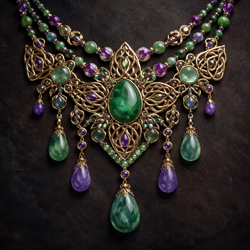 A statement necklace using green and purple beads