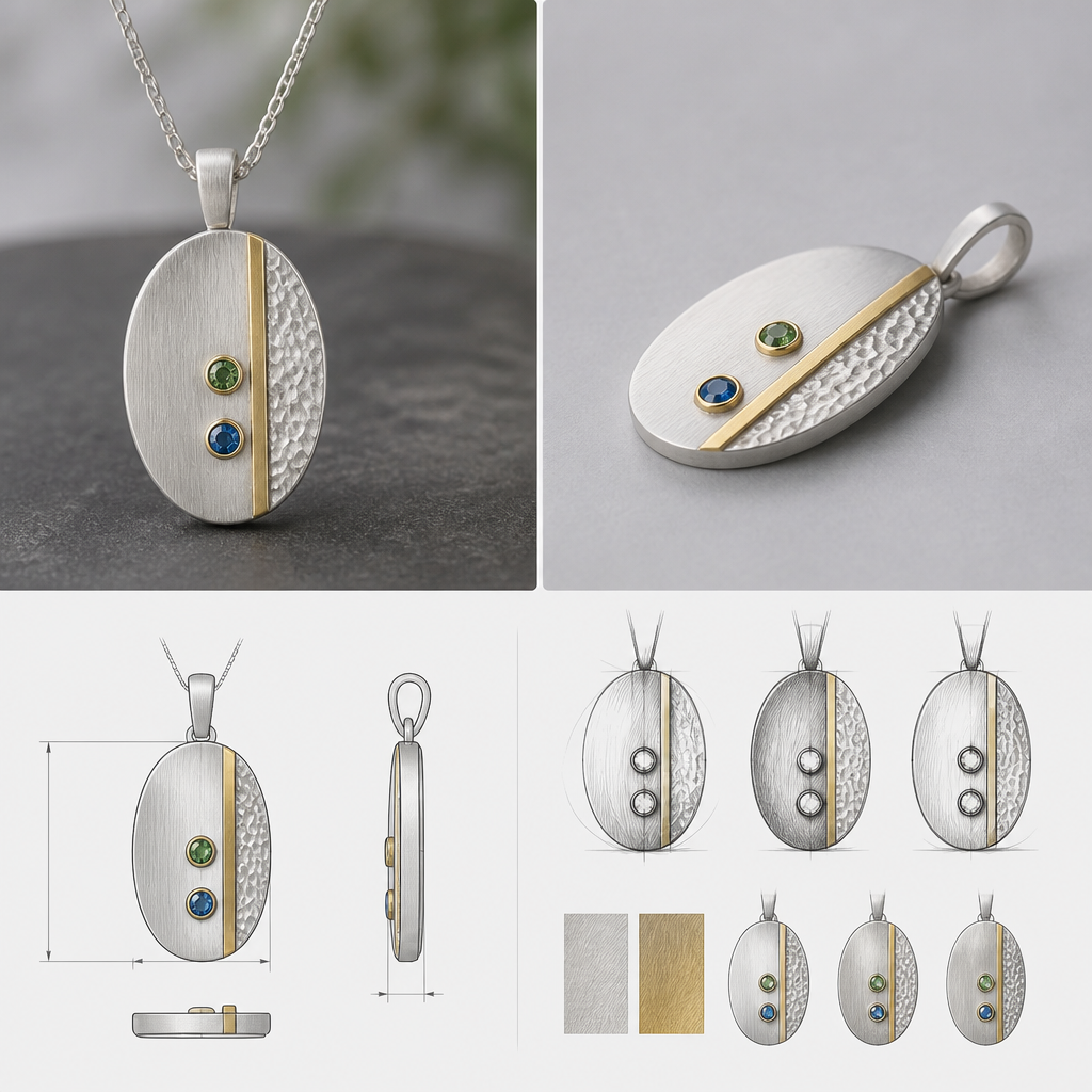 A nordic women's pendant made of silver with sapphire stones, highly ornate, intricate and elaborate, richly detailed. "photorealistic jewelry design, A scandinavian unisexe pendant made of silver suitable for daily wear, minimalist. simple and delicate, clean lines. simplistic form brushed silver finish with an accent of gold and a very small section of hammered surface. Oval, with both color, green and blue saphire scandinavian style, with design scketchs and mesurments
photorealistic jewelry design, A nordic women's pendant made of silver with sapphire stones, highly ornate, intricate and elaborate, richly detailed. "photorealistic jewelry design, A scandinavian unisexe pendant made of silver suitable for daily wear, minimalist. simple and delicate, clean lines. simplistic form brushed silver finish with an accent of gold and a very small section of hammered surface. Oval, with both color, green and blue saphire scandinavian style, with design scketchs and mesurments, nordic style, just the design no text