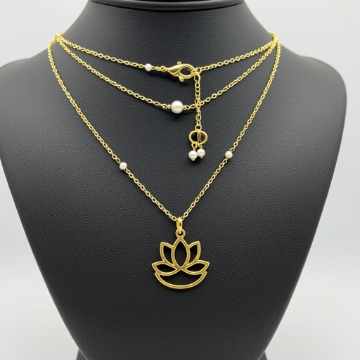 Кулон на длинной цепочке. Матовое светлое золото. В цепочке небольшие золотые шарики и жемчуг. Кулон в виде двух глаз над ними лотос узоры завитушки 