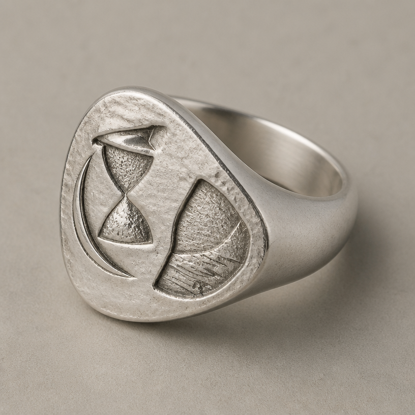 A nordic women's ring. anello con una clessidra e una falce nella parte superiore e la scritta "Time" a lato incisi
using the attached image as a visual reference, create A nordic women's ring. anello con una clessidra e una falce nella parte superiore e la scritta "Time" a lato incisi. photorealistic, just the design no text